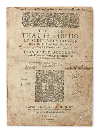 BIBLE IN ENGLISH.  The Bible. . . Translated according to the Ebrew and Greek.  1598 w/o Apocrypha. Bound with 1597 metrical Psalms